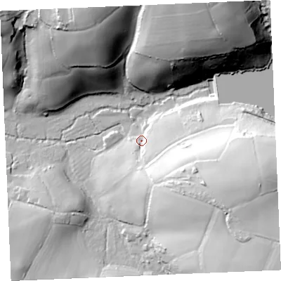 Shaded relief map of the ground around TR84JS, computed from Environment Agency LiDAR. The ground here sits at about 20 m above sea level and falls 58 m across the surrounding 800 m. Surface water reaching this point runs off ground lying to the east-south-east, 47.8 m higher.