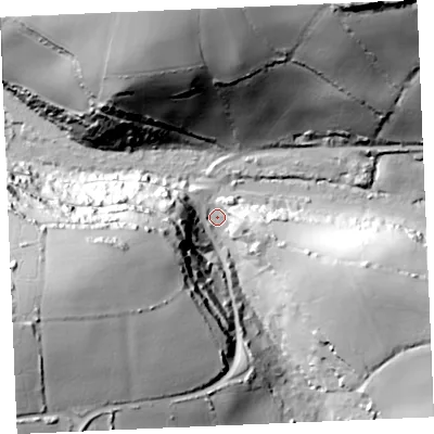 Shaded relief map of the ground around TR84JW, computed from Environment Agency LiDAR. The ground here sits at about 9 m above sea level and falls 71 m across the surrounding 800 m. Surface water reaching this point runs off ground lying to the west-south-west, 56.0 m higher.