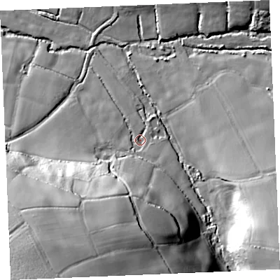 Shaded relief map of the ground around TR84LR, computed from Environment Agency LiDAR. The ground here sits at about 58 m above sea level and falls 62 m across the surrounding 800 m. Surface water reaching this point runs off ground lying to the south-south-west, 46.1 m higher.