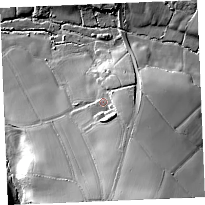 Shaded relief map of the ground around TR84LT, computed from Environment Agency LiDAR. The ground here sits at about 75 m above sea level and falls 46 m across the surrounding 800 m. Surface water reaching this point runs off ground lying to the south-south-east, 13.2 m higher.