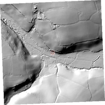 Shaded relief map of the ground around TR84NE, computed from Environment Agency LiDAR. The ground here sits at about 33 m above sea level and falls 60 m across the surrounding 800 m. Surface water reaching this point runs off ground lying to the north-north-east, 35.5 m higher.