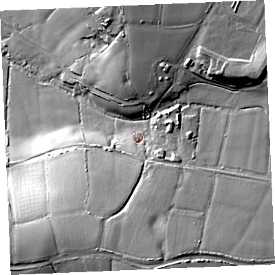 Shaded relief map of the ground around TR84NZ, computed from Environment Agency LiDAR. The ground here sits at about 49 m above sea level and falls 50 m across the surrounding 800 m. Surface water reaching this point runs off ground lying to the south, 33.2 m higher.