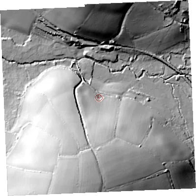 Shaded relief map of the ground around TR84PE, computed from Environment Agency LiDAR. The ground here sits at about 19 m above sea level and falls 49 m across the surrounding 800 m. Surface water reaching this point runs off ground lying to the south, 33.7 m higher.