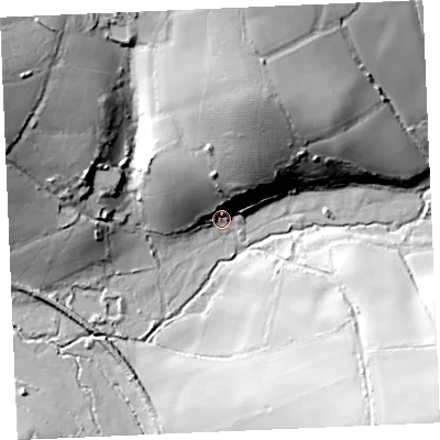 Shaded relief map of the ground around TR84PF, computed from Environment Agency LiDAR. The ground here sits at about 16 m above sea level and falls 44 m across the surrounding 800 m. Surface water reaching this point runs off ground lying to the north, 27.9 m higher.