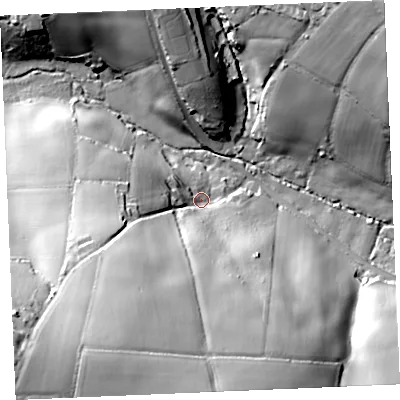Shaded relief map of the ground around TR84PJ, computed from Environment Agency LiDAR. The ground here sits at about 30 m above sea level and falls 55 m across the surrounding 800 m. Surface water reaching this point runs off ground lying to the south-south-west, 43.0 m higher.