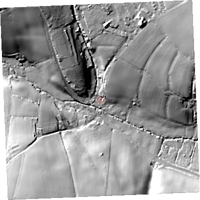 Shaded relief map of the ground around TR84PU, computed from Environment Agency LiDAR. The ground here sits at about 25 m above sea level and falls 51 m across the surrounding 800 m. Surface water reaching this point runs off ground lying to the north-east, 45.4 m higher.