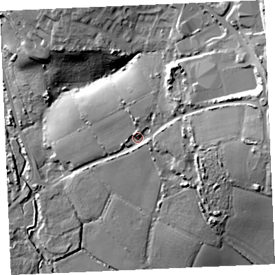 Shaded relief map of the ground around TR84QD, computed from Environment Agency LiDAR. The ground here sits at about 26 m above sea level and falls 45 m across the surrounding 800 m. Surface water reaching this point runs off ground lying to the east, 24.8 m higher.