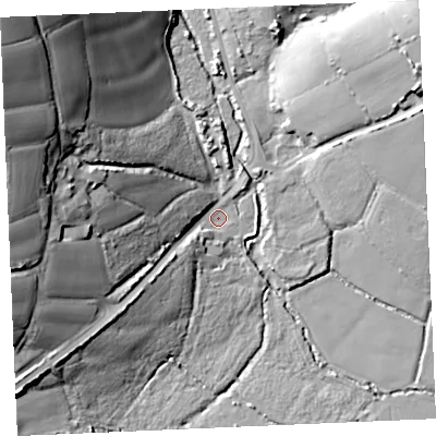 Shaded relief map of the ground around TR84QE, computed from Environment Agency LiDAR. The ground here sits at about 5 m above sea level and falls 47 m across the surrounding 800 m. Surface water reaching this point runs off ground lying to the north-west, 43.7 m higher.