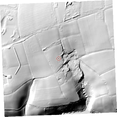 Shaded relief map of the ground around TR84UW, computed from Environment Agency LiDAR. The ground here sits at about 77 m above sea level and falls 78 m across the surrounding 800 m. Surface water reaching this point runs off ground lying to the north-north-west, 13.1 m higher.