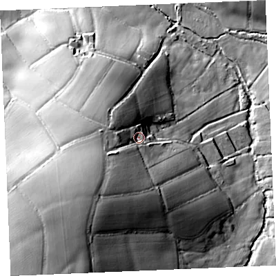 Shaded relief map of the ground around TR85DQ, computed from Environment Agency LiDAR. The ground here sits at about 73 m above sea level and falls 47 m across the surrounding 800 m. Surface water reaching this point runs off ground lying to the south-west, 17.9 m higher.