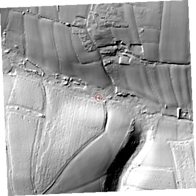 Shaded relief map of the ground around TR85ES, computed from Environment Agency LiDAR. The ground here sits at about 21 m above sea level and falls 43 m across the surrounding 800 m. Surface water reaching this point runs off ground lying to the south-west, 41.2 m higher.