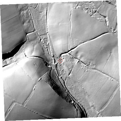 Shaded relief map of the ground around TR85GS, computed from Environment Agency LiDAR. The ground here sits at about 20 m above sea level and falls 57 m across the surrounding 800 m. Surface water reaching this point runs off ground lying to the east-north-east, 23.1 m higher.
