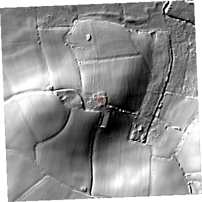 Shaded relief map of the ground around TR85JL, computed from Environment Agency LiDAR. The ground here sits at about 32 m above sea level and falls 47 m across the surrounding 800 m. Surface water reaching this point runs off ground lying to the south, 2.8 m higher.