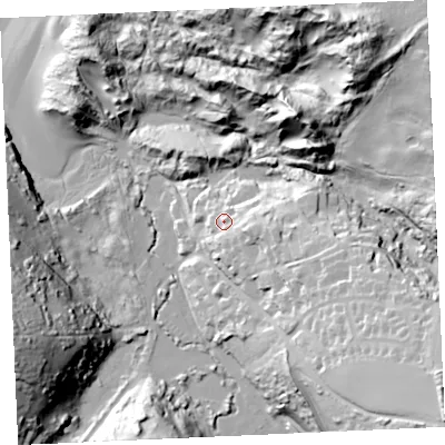 Shaded relief map of the ground around TR85PQ, computed from Environment Agency LiDAR. The ground here sits at about 20 m above sea level and falls 61 m across the surrounding 800 m. Surface water reaching this point runs off ground lying to the east-south-east, 10.2 m higher.