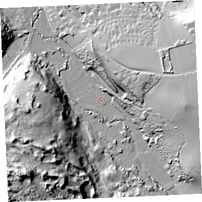 Shaded relief map of the ground around TR85PR, computed from Environment Agency LiDAR. The ground here sits at about 9 m above sea level and falls 61 m across the surrounding 800 m. Surface water reaching this point runs off ground lying to the east, 57.4 m higher.
