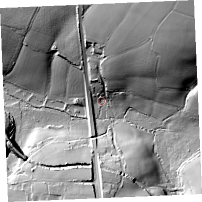 Shaded relief map of the ground around TR85QD, computed from Environment Agency LiDAR. The ground here sits at about 38 m above sea level and falls 57 m across the surrounding 800 m. Surface water reaching this point runs off ground lying to the north-east, 52.0 m higher.