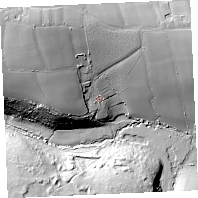 Shaded relief map of the ground around TR85QS, computed from Environment Agency LiDAR. The ground here sits at about 27 m above sea level and falls 42 m across the surrounding 800 m. Surface water reaching this point runs off ground lying to the west-north-west, 25.1 m higher.