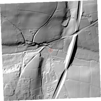 Shaded relief map of the ground around TR96BD, computed from Environment Agency LiDAR. The ground here sits at about 57 m above sea level and falls 61 m across the surrounding 800 m. Surface water reaching this point runs off ground lying to the north-north-west, 57.1 m higher.
