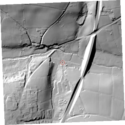 Shaded relief map of the ground around TR96BE, computed from Environment Agency LiDAR. The ground here sits at about 59 m above sea level and falls 56 m across the surrounding 800 m. Surface water reaching this point runs off ground lying to the south-west, 35.8 m higher.