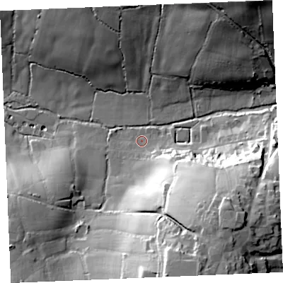 Shaded relief map of the ground around TR96BZ, computed from Environment Agency LiDAR. The ground here sits at about 52 m above sea level and falls 53 m across the surrounding 800 m. Surface water reaching this point runs off ground lying to the south-east, 40.6 m higher.