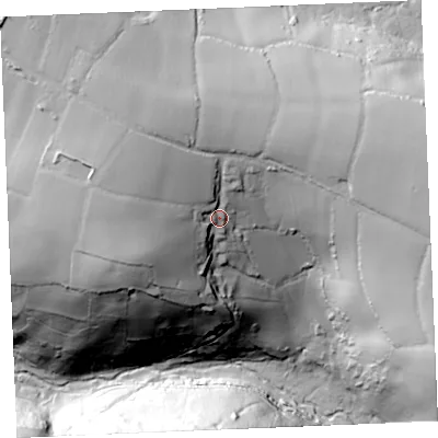 Shaded relief map of the ground around TR96DD, computed from Environment Agency LiDAR. The ground here sits at about 75 m above sea level and falls 69 m across the surrounding 800 m. Surface water reaching this point runs off ground lying to the west, 19.4 m higher.