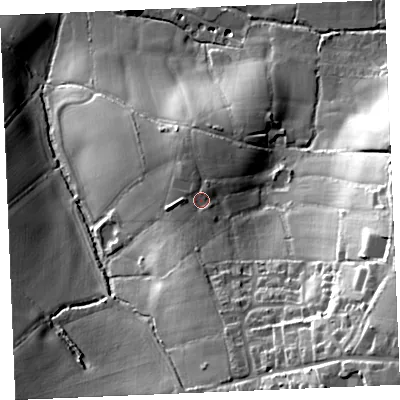 Shaded relief map of the ground around TR96DF, computed from Environment Agency LiDAR. The ground here sits at about 71 m above sea level and falls 54 m across the surrounding 800 m. Surface water reaching this point runs off ground lying to the west, 2.9 m higher.