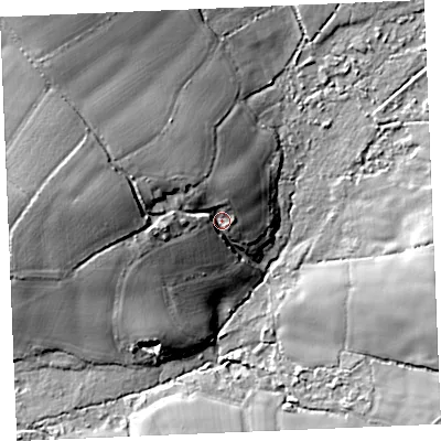 Shaded relief map of the ground around TR96EY, computed from Environment Agency LiDAR. The ground here sits at about 83 m above sea level and falls 32 m across the surrounding 800 m. Surface water reaching this point runs off ground lying to the west-north-west, 12.1 m higher.