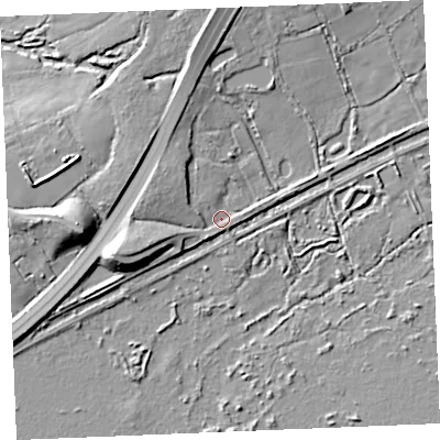 Shaded relief map of the ground around TR96HP, computed from Environment Agency LiDAR. The ground here sits at about 123 m above sea level and falls 16 m across the surrounding 800 m. Surface water reaching this point runs off ground lying to the west-south-west, 9.6 m higher.