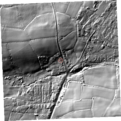 Shaded relief map of the ground around TR96JY, computed from Environment Agency LiDAR. The ground here sits at about 137 m above sea level and falls 75 m across the surrounding 800 m. Surface water reaching this point runs off ground lying to the north-east, 22.0 m higher.