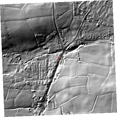 Shaded relief map of the ground around TR96LN, computed from Environment Agency LiDAR. The ground here sits at about 133 m above sea level and falls 76 m across the surrounding 800 m. Surface water reaching this point runs off ground lying to the east, 39.3 m higher.