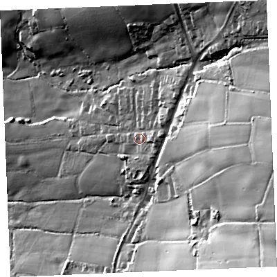 Shaded relief map of the ground around TR96LP, computed from Environment Agency LiDAR. The ground here sits at about 121 m above sea level and falls 75 m across the surrounding 800 m. Surface water reaching this point runs off ground lying to the east, 45.2 m higher.