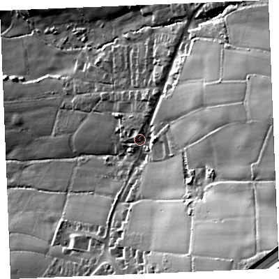 Shaded relief map of the ground around TR96LT, computed from Environment Agency LiDAR. The ground here sits at about 122 m above sea level and falls 81 m across the surrounding 800 m. Surface water reaching this point runs off ground lying to the east, 47.9 m higher.
