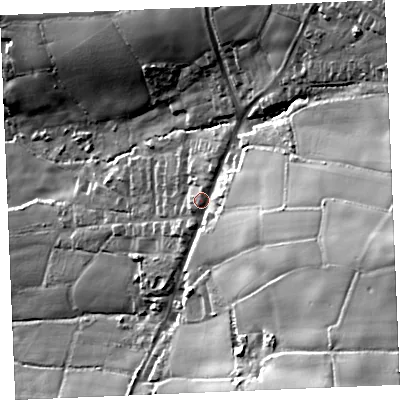 Shaded relief map of the ground around TR96NS, computed from Environment Agency LiDAR. The ground here sits at about 129 m above sea level and falls 75 m across the surrounding 800 m. Surface water reaching this point runs off ground lying to the east-south-east, 45.7 m higher.