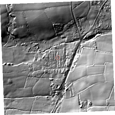 Shaded relief map of the ground around TR96PA, computed from Environment Agency LiDAR. The ground here sits at about 121 m above sea level and falls 72 m across the surrounding 800 m. Surface water reaching this point runs off ground lying to the east-north-east, 11.7 m higher.