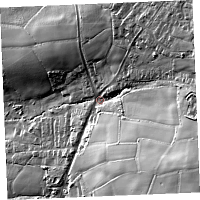 Shaded relief map of the ground around TR96TW, computed from Environment Agency LiDAR. The ground here sits at about 136 m above sea level and falls 76 m across the surrounding 800 m. Surface water reaching this point runs off ground lying to the east-south-east, 41.2 m higher.