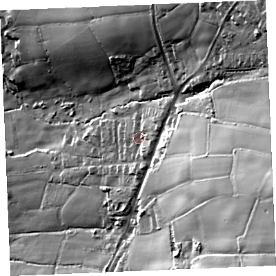 Shaded relief map of the ground around TR96TX, computed from Environment Agency LiDAR. The ground here sits at about 125 m above sea level and falls 74 m across the surrounding 800 m. Surface water reaching this point runs off ground lying to the east-north-east, 8.5 m higher.