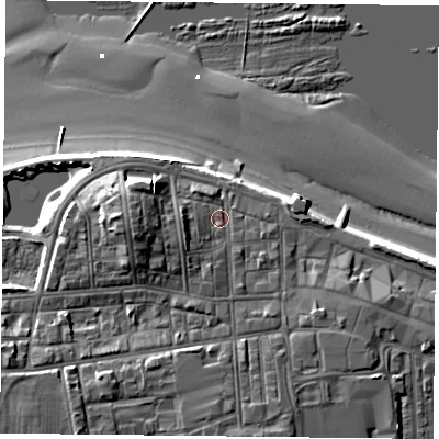 Shaded relief map of the ground around TS101AQ, computed from Environment Agency LiDAR. The ground here sits at about 7 m above sea level and falls 13 m across the surrounding 800 m. Surface water reaching this point runs off ground lying to the west-south-west, 2.7 m higher.