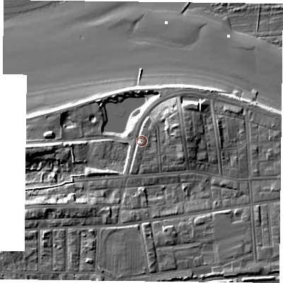 Shaded relief map of the ground around TS101DB, computed from Environment Agency LiDAR. The ground here sits at about 8 m above sea level and falls 13 m across the surrounding 800 m. Surface water reaching this point runs off ground lying to the north-east, 1.5 m higher.