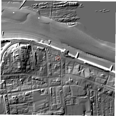 Shaded relief map of the ground around TS101DP, computed from Environment Agency LiDAR. The ground here sits at about 6 m above sea level and falls 13 m across the surrounding 800 m. Surface water reaching this point runs off ground lying to the south, 2.8 m higher.