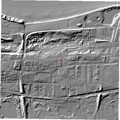 Shaded relief map of the ground around TS101QZ, computed from Environment Agency LiDAR. The ground here sits at about 9 m above sea level and falls 11 m across the surrounding 800 m. Surface water reaching this point runs off ground lying to the west, 1.1 m higher.