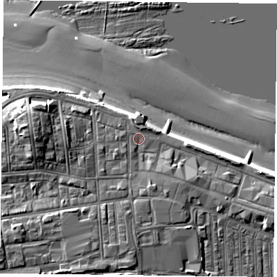 Shaded relief map of the ground around TS103AA, computed from Environment Agency LiDAR. The ground here sits at about 6 m above sea level and falls 13 m across the surrounding 800 m. Surface water reaching this point runs off ground lying to the south, 3.1 m higher.