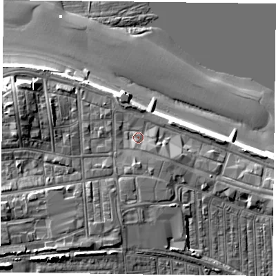 Shaded relief map of the ground around TS103AD, computed from Environment Agency LiDAR. The ground here sits at about 7 m above sea level and falls 13 m across the surrounding 800 m. Surface water reaching this point runs off ground lying to the east-south-east, 1.6 m higher.