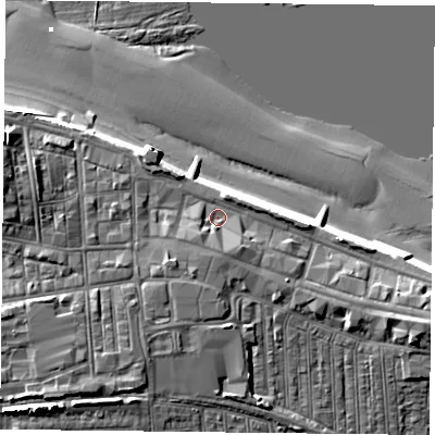 Shaded relief map of the ground around TS103AE, computed from Environment Agency LiDAR. The ground here sits at about 6 m above sea level and falls 13 m across the surrounding 800 m. Surface water reaching this point runs off ground lying to the south-east, 2.3 m higher.