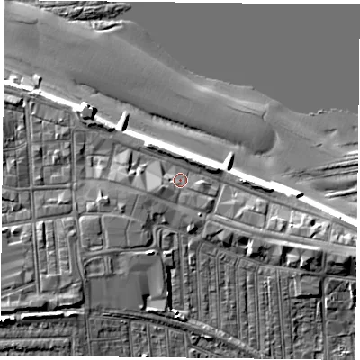 Shaded relief map of the ground around TS103AF, computed from Environment Agency LiDAR. The ground here sits at about 6 m above sea level and falls 12 m across the surrounding 800 m. Surface water reaching this point runs off ground lying to the south-west, 2.9 m higher.