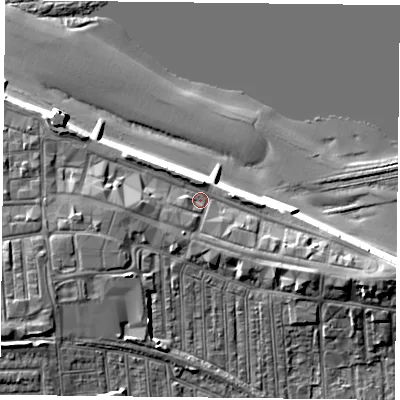 Shaded relief map of the ground around TS103AG, computed from Environment Agency LiDAR. The ground here sits at about 6 m above sea level and falls 12 m across the surrounding 800 m. Surface water reaching this point runs off ground lying to the east-south-east, 4.3 m higher.