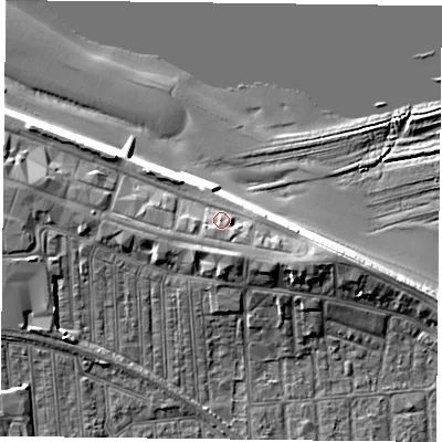 Shaded relief map of the ground around TS103AH, computed from Environment Agency LiDAR. The ground here sits at about 7 m above sea level and falls 12 m across the surrounding 800 m. Surface water reaching this point runs off ground lying to the south-east, 3.5 m higher.