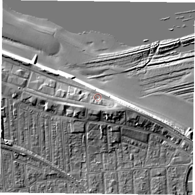 Shaded relief map of the ground around TS103AJ, computed from Environment Agency LiDAR. The ground here sits at about 7 m above sea level and falls 12 m across the surrounding 800 m. Surface water reaching this point runs off ground lying to the south-south-east, 2.8 m higher.