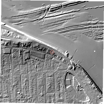 Shaded relief map of the ground around TS103AP, computed from Environment Agency LiDAR. The ground here sits at about 6 m above sea level and falls 12 m across the surrounding 800 m. Surface water reaching this point runs off ground lying to the west-north-west, 4.6 m higher.