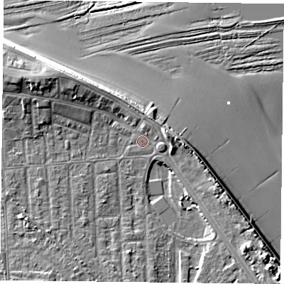 Shaded relief map of the ground around TS103AT, computed from Environment Agency LiDAR. The ground here sits at about 5 m above sea level and falls 12 m across the surrounding 800 m. Surface water reaching this point runs off ground lying to the east-north-east, 2.5 m higher.