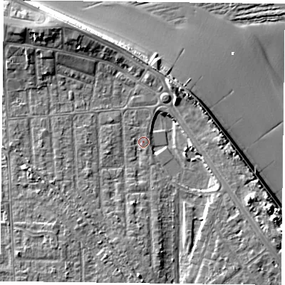 Shaded relief map of the ground around TS103AU, computed from Environment Agency LiDAR. The ground here sits at about 5 m above sea level and falls 12 m across the surrounding 800 m. Surface water reaching this point runs off ground lying to the south, 4.4 m higher.